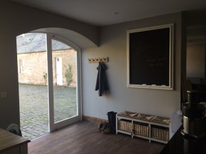 Hooks and blackboard up that we made from a gorgeous frame we had, a bit of plywood and lots of coats of blackboard paint.