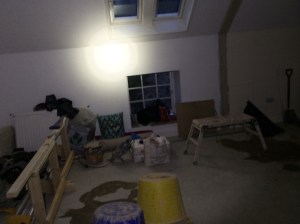 More building site mess, with the dividing line which showed where the old hallway used to go to.