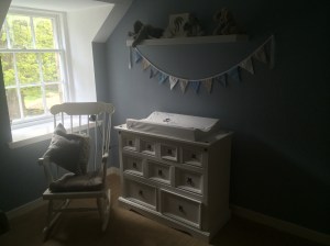 Here are the drawers painted up with Mum's bunting as well as the rabbit and rabbit print from Keswick