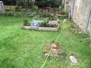 Another ugly drain cover. Dermot had also built two veggie patches but we wanted to gravel around them .